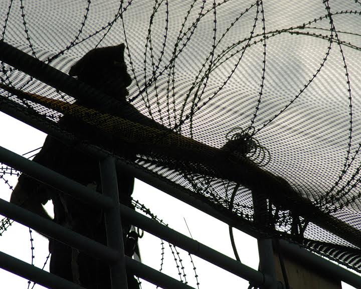 Policeman surrounded by razor wire high above on platform looking down at the so-called "Free Speech Zone," re-dubbed by activists as the "protest pit" during the 2004 Democratic National Convention in Boston, MA. 